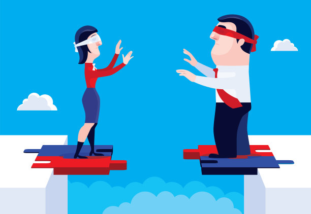 蒙上眼睛的商业夫妇在破碎的拼图桥上开会图片下载