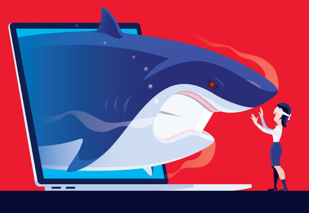 蒙住眼睛的女人和拿着笔记本电脑的愤怒鲨鱼见面图片下载