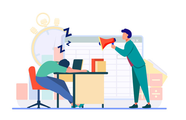 经理拿着扩音器冲着困倦的员工大喊大叫图片下载