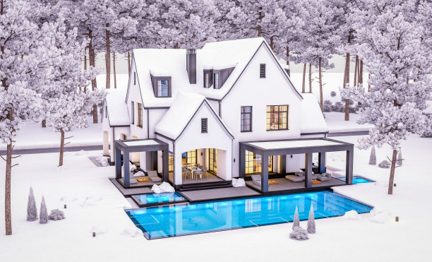 冬季傍晚的黑白现代都铎式房屋3d渲染图图片下载