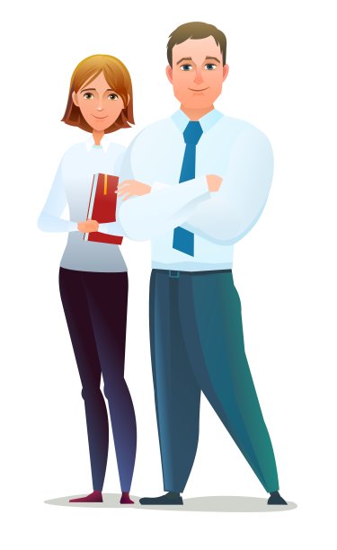 成功商人的家庭。站姿欢快的人。男人和女人穿着商务衬衫和领带。卡通漫画风格的平面设计。插图孤立在白色背景。向量图片下载