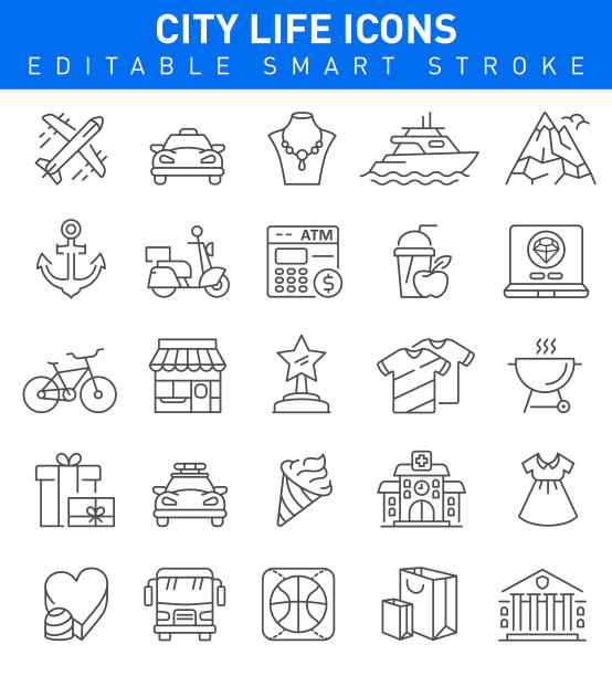 城市生活的图标。可编辑的中风集合图片下载