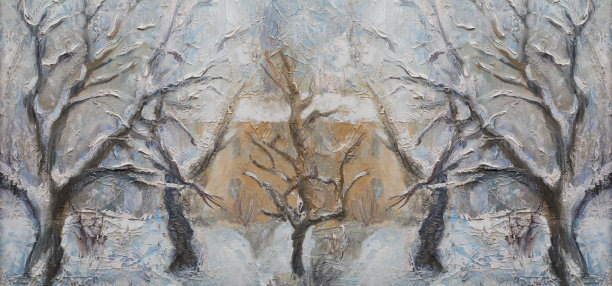 时尚的冬季插画艺术的原创作品矿山油画在画布上水平的风景与积雪覆盖的树木和一条小路在雪图片下载