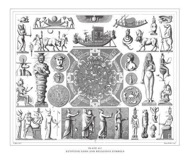 埃及诸神与宗教符号雕刻古董插画，出版于1851年图片下载