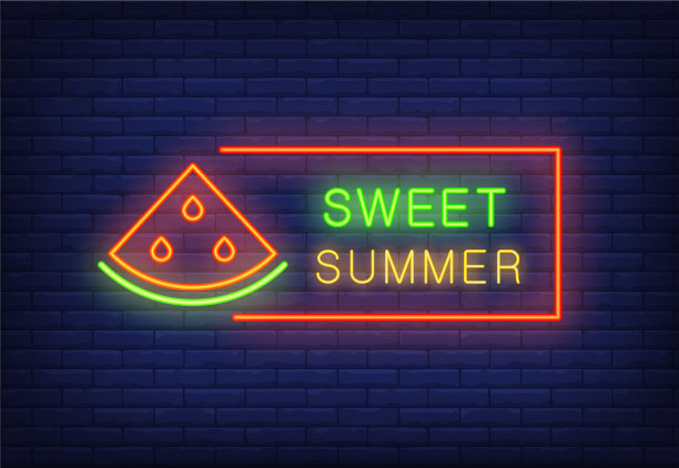 甜蜜的夏天霓虹文字在框架与西瓜图片下载
