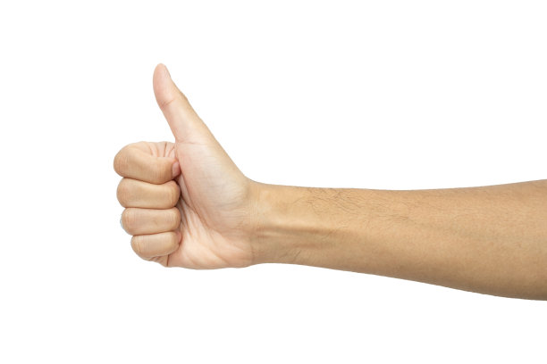 在白色背景上截取的竖起大拇指的动作。图片下载