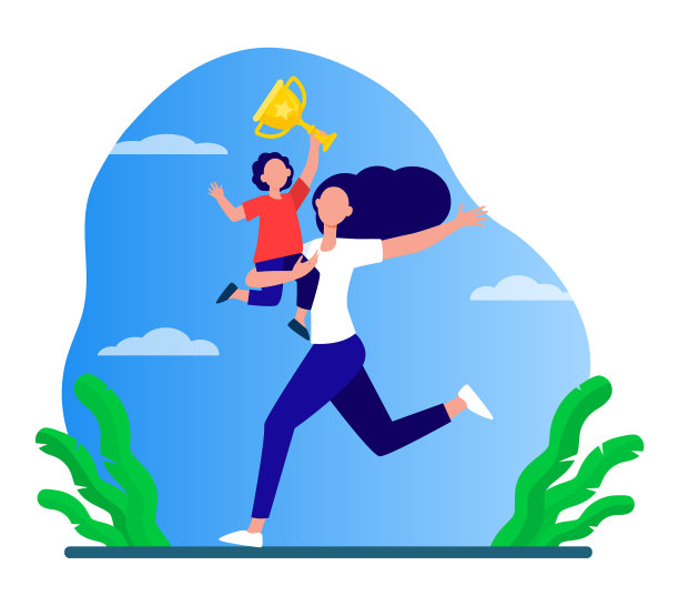 快乐的妈妈抱着小儿子和金杯图片下载