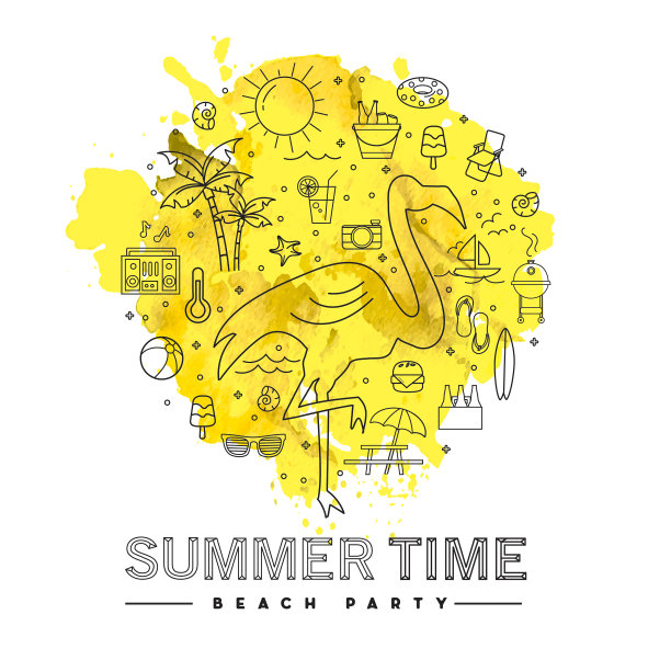 夏季旗帜设计与文本和夏季线艺术图标图片下载