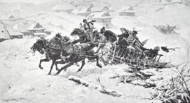 女人在冬天驾着马拉的雪橇，男人们在后面照顾她图片下载