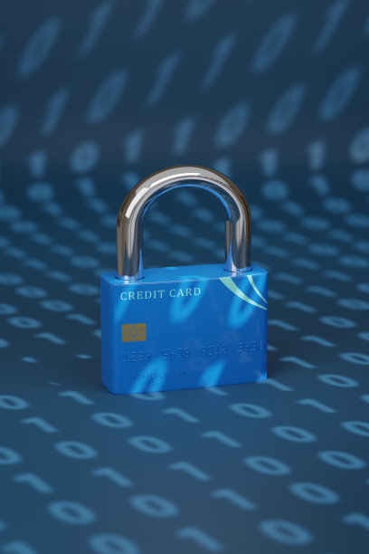 信用卡的形状是一个封闭的挂锁，背景是二进制代码。计算机安全的概念。3 d演示。图片下载