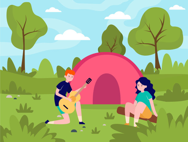 一对年轻夫妇在森林里露营图片下载