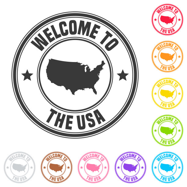 欢迎来到美国邮票-彩色徽章上的白色背景图片下载