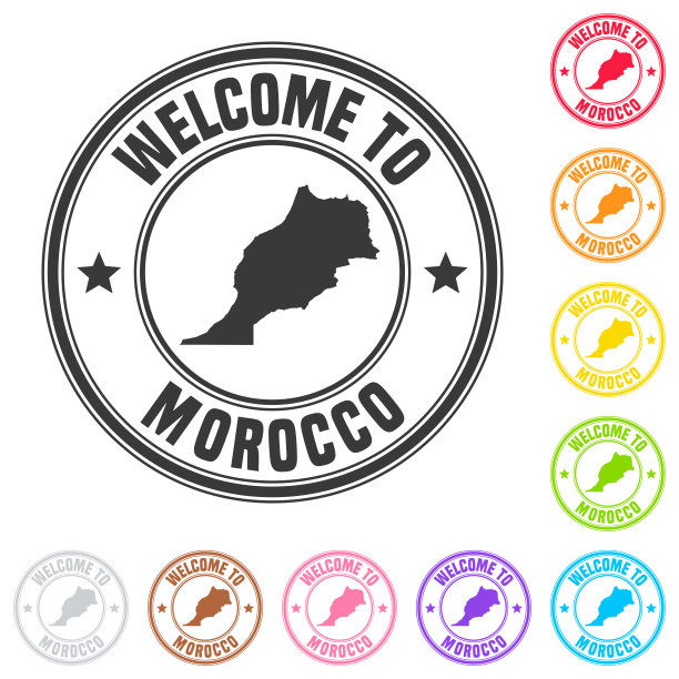 欢迎来到摩洛哥邮票-彩色徽章上的白色背景图片下载