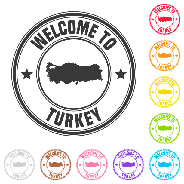 欢迎来到土耳其邮票-彩色徽章上的白色背景图片下载