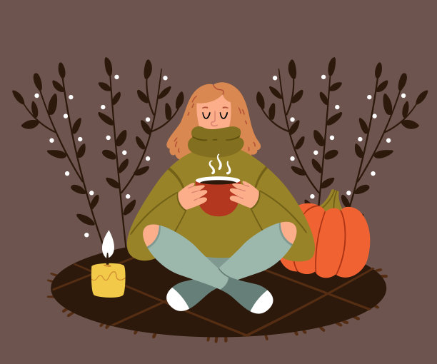 女孩在秋天的公园喝咖啡，茶，可可图片下载