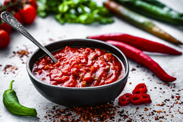 灰色的桌子上放着墨西哥莎莎酱和配料图片下载