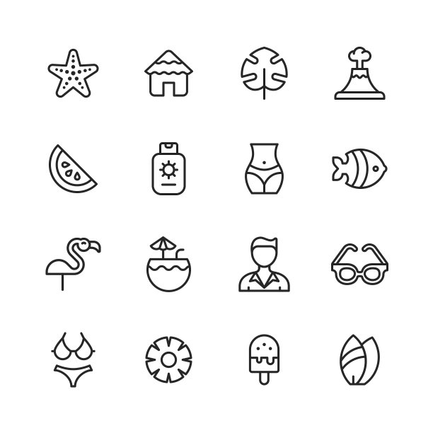 热带和异国情调的线条图标。可编辑的中风。像素完美。移动和网络。包含如海星，海滩，叶子，夏威夷，火山，西瓜，身体，鱼，火烈鸟，椰子，游客，太阳镜，泳衣，菠萝，冰淇淋，冲浪。图片下载