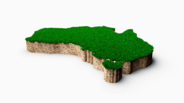 澳大利亚地图土壤土地地质横截面，绿草和岩石地面纹理3d插图图片下载