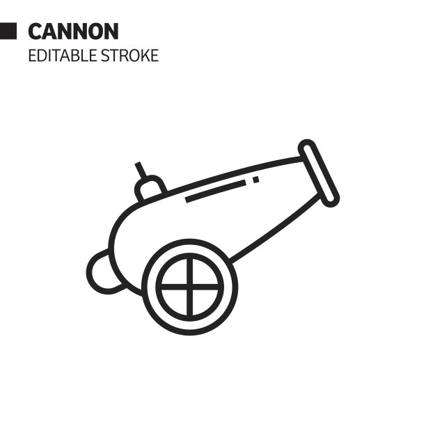 加农炮线图标，轮廓矢量符号插图。完美像素，可编辑的描边。图片下载