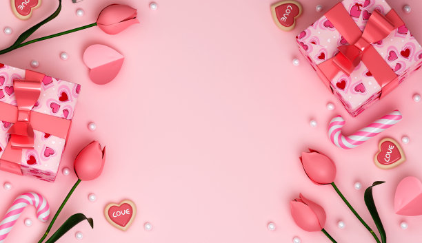 情人节用礼盒，玫瑰装饰粉红色背景。假日插图横幅与复制空间。为情人节和母亲节周年纪念设计。三维渲染图图片下载