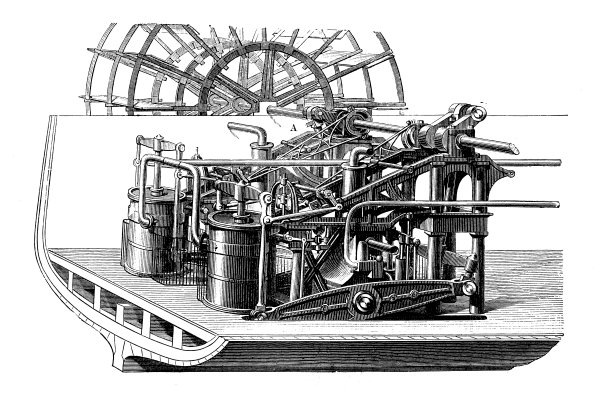 科学发现，实验和发明的古董插图:蒸汽动力机械，蒸汽船图片下载