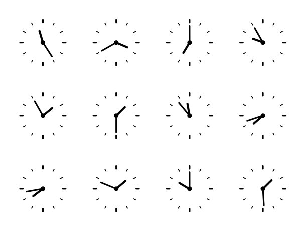 时钟时间差异集-矢量插图。不同时区的时间。箭头-钟面上的小时，分钟。时钟时间流逝。图片下载