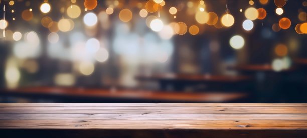 空木桌和抽象散景灯背景的产品展示。图片下载