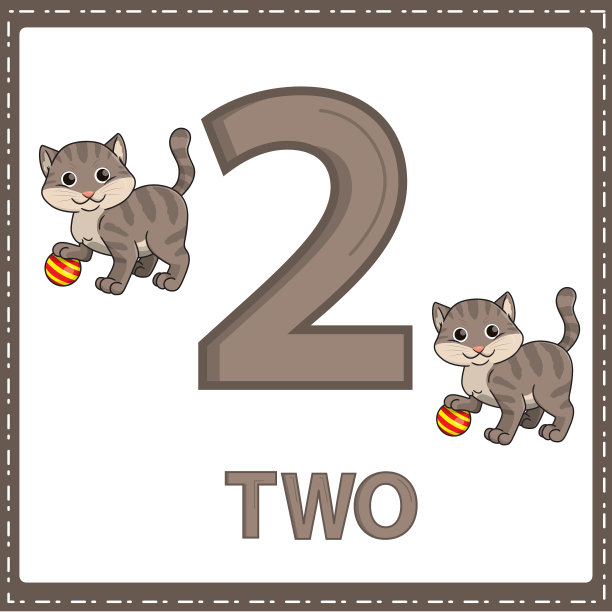 幼儿数字教育插图。为孩子们学会了用2只猫数数字，如图所示的动物类别。图片下载