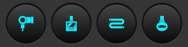 吹风机，须后水，毛巾，胡子和胡子护理油瓶图标。向量图片下载