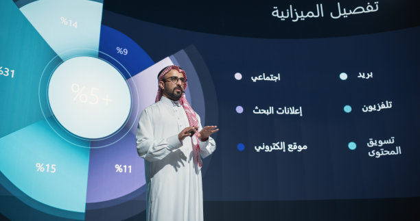 商务会议舞台:中东科技公司首席执行官展示公司最新产品，并就科学、技术、创业、软件开发做励志演讲图片下载