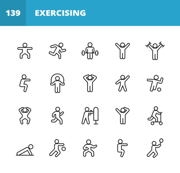 锻炼一行图标。可编辑的中风。像素完美。移动和网络。包含运动，跑步，自行车，瑜伽，举重，伸展，足球，足球，网球，篮球，战斗，有氧运动，健美，散步等图标。图片下载