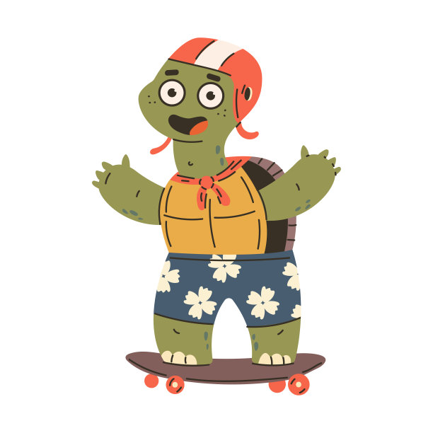 可爱的乌龟滑板矢量卡通人物孤立在一个白色的背景。图片下载