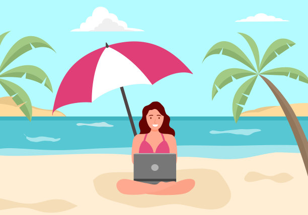 在平面设计的沙滩上与电脑一起工作的女人。笔记本电脑的假期。图片下载