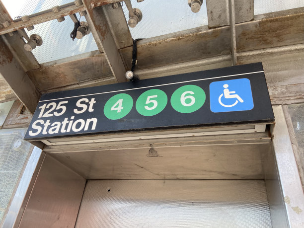 东哈莱姆区125街车站无障碍电梯入口上方的地铁标志图片下载