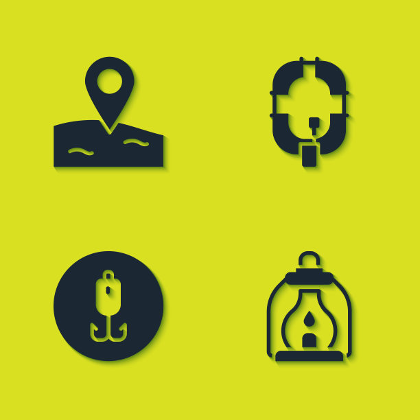 设置位置钓鱼，露营灯，钓鱼钩和充气船图标。向量图片下载