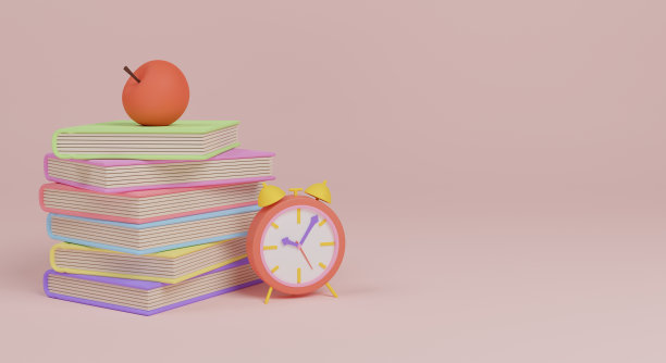 书，闹钟和苹果，隔离在白色上。带有文字位置的网页横幅。三维渲染图片下载