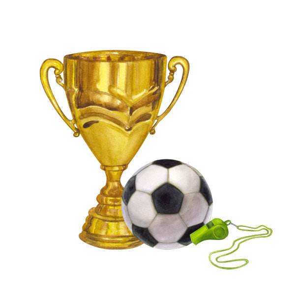 金杯奖杯，足球，哨子，胜利，奖品。手绘水彩插图孤立的白色背景。竞赛、运动、标志图片下载
