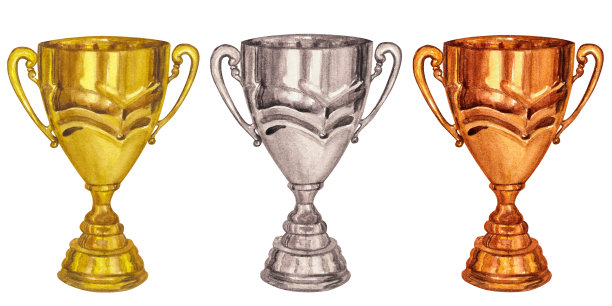 金、银、铜冠军奖杯、胜利奖杯、奖品。手绘水彩插图孤立的白色背景。竞赛、运动、标志图片下载