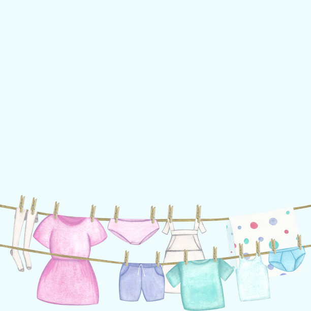 衣服。模板，床上用品和衣服，连衣裙，围裙，长袜，t恤，短裤，内裤。白色背景水彩插图。手绘。的明信片图片下载