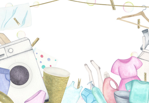 衣服。框架与洗衣机，篮子，盆，洗涤凝胶，粉末，肥皂，亚麻布和衣服，衣架和衣夹。白色背景水彩插图。手绘。的明信片图片下载