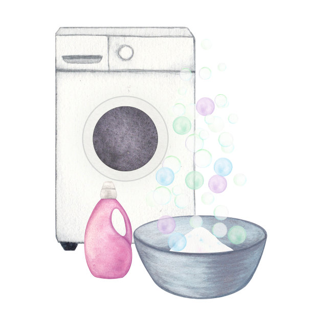 衣服。由洗衣机、面盆、洗涤液、洗衣粉、肥皂、气泡组成。白色背景水彩插图。手绘。的明信片图片下载
