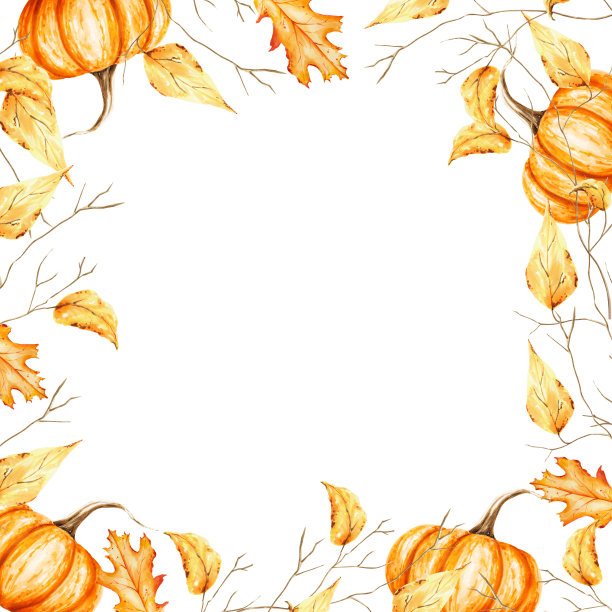 水彩秋天框架与树枝金色的树叶和南瓜。手绘素描孤立在白色的背景。用于设计师，装饰，商店，用于明信片，包装纸，封面。海报及纺织品图片下载