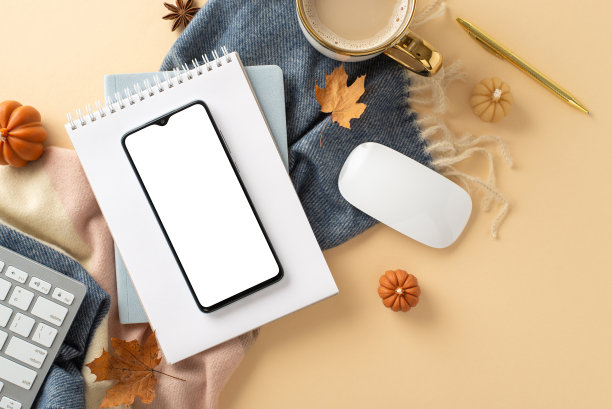 体验舒适的自由职业者的工作，在秋天与这顶视图图片设有电话上的记事本上的笔和键盘，热可可与舒适的围巾在米色孤立的背景与copyspace图片下载