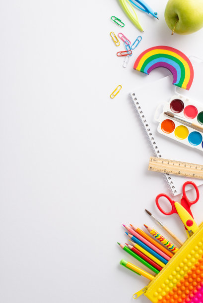 让自己沉浸在学校学习艺术的领域中，用这个俯视图垂直快照:一个相册，水彩颜料和生动的文具在孤立的白色背景上，准备好文字或广告图片下载