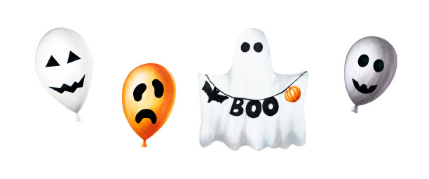 水彩万圣节气球和可爱的鬼插图与可怕的脸。手绘橙色，黑色，白色气球素描孤立在白色的背景。用于设计师，装饰，商店，用于明信片，包装纸，封面。海报及纺织品图片下载