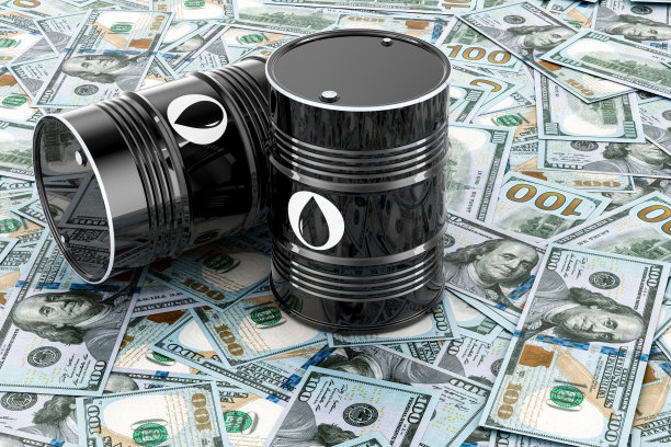 石油桶以美元为背景，3D渲染图片下载