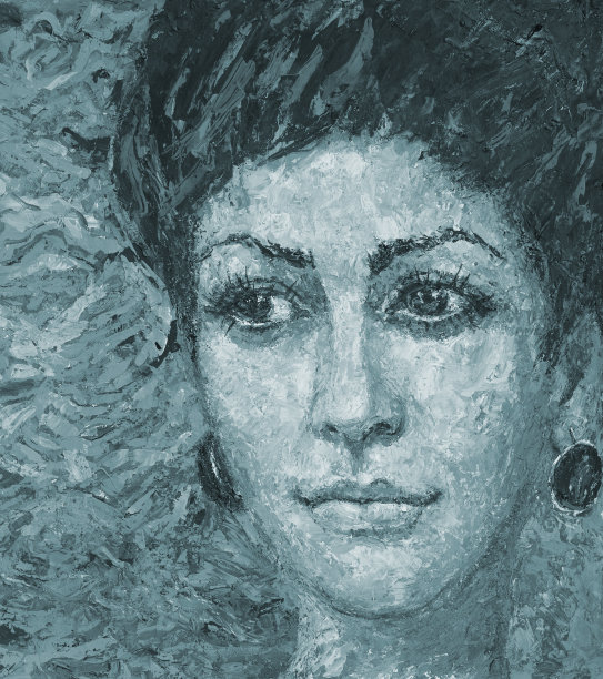 插图油画肖像的年轻女子与深色头发在灰色调图片下载