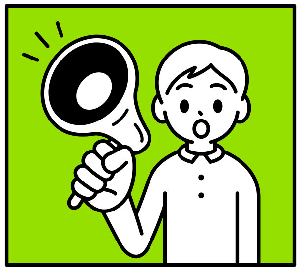 一个男孩通过扩音器说话，看着观众，极简风格，黑白轮廓图片下载