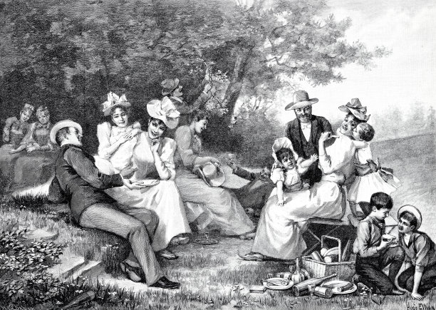 家人，亲戚，朋友在树下野餐图片下载