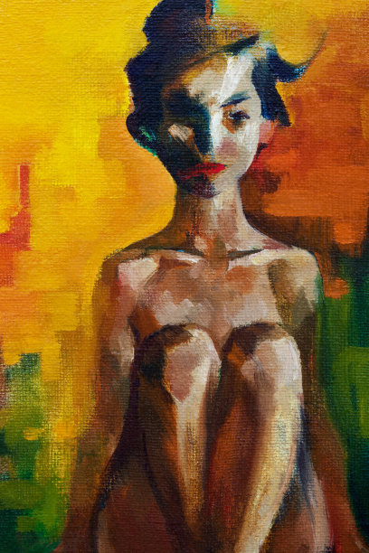 时尚的插图现代艺术作品我的原始油画在帆布上夏天装饰肖像人物的一个女孩与交叉的腿和东方风格的头发图片下载